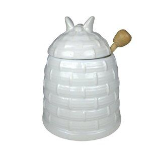 Lillian Vernon White Ceramic Honeycomb Bee Honey Container Jar with Dipper VTG
